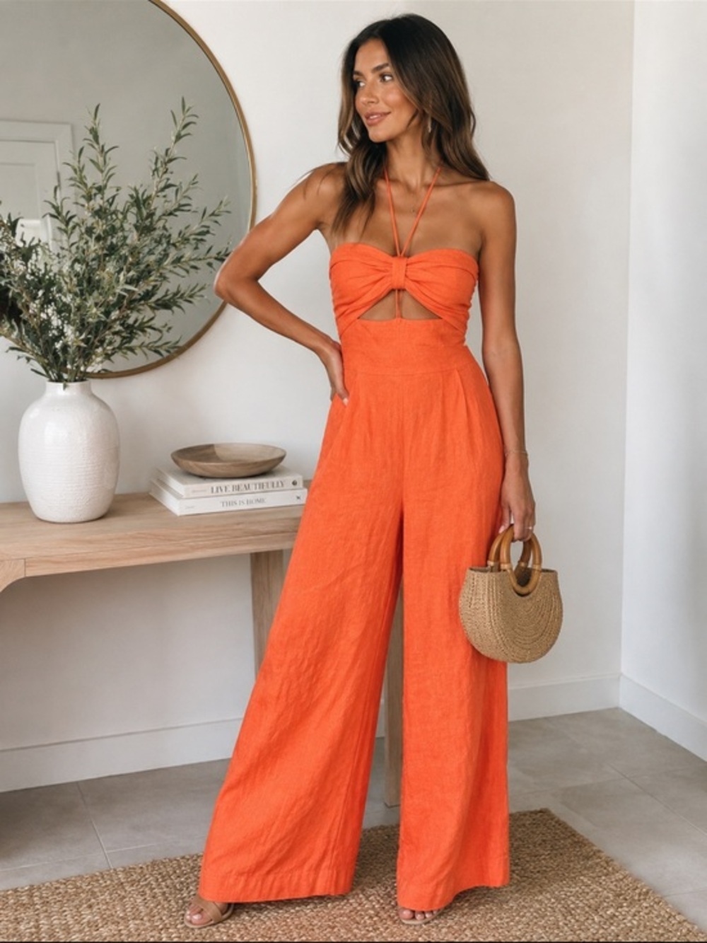 SNDYS Orange Linen Blend Halter Jumpsuit Medium Cutout Resort Vacation Romper